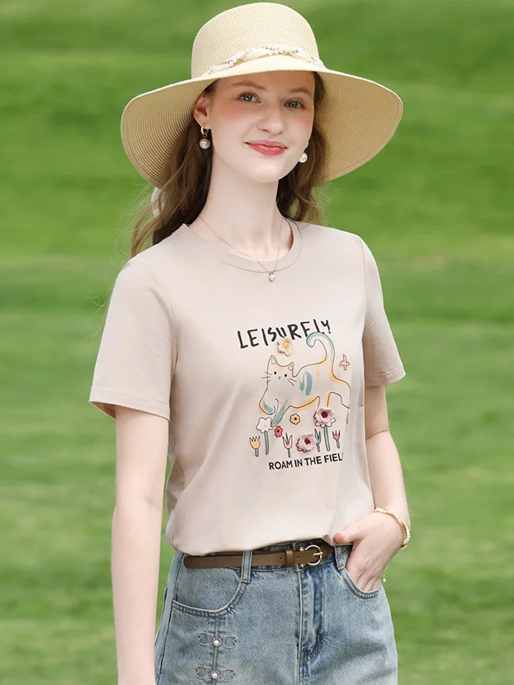 أعتقد أنك المرأة الكاكي لطيف القط تي شيرت مطبوع 2025 الصيف كول القطن تيز الجولة الرقبة مريحة بلايز عادية 2252015998