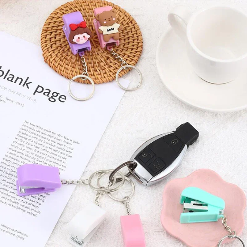 Cartoon Girls Bear Mini Stapler Kawaii Key Ring Chain Pendant Portable Bookbinding Machine Paper File Stapler for School Office