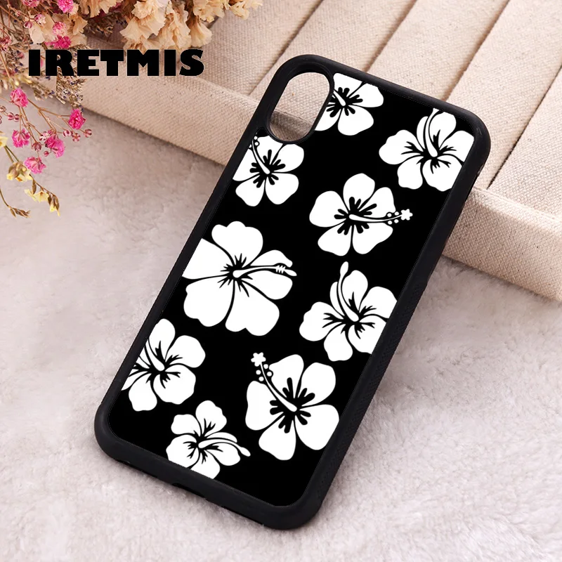 Iretmis Phone Cover Case For iPhone X XS Max XR 11 12 13 PRO MINI 14 15 16 Plus Rubber Aesthetic Black White Hibiscus Flowers