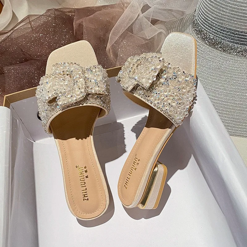 2024 New Chunky Heel Fashion Flat Ladies Rhinestone Slippers Womens Shoes Comfort Summer Peep Toe Shoes