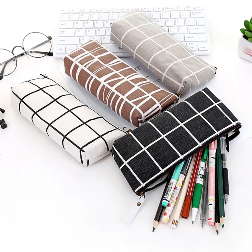 1 Pcs Pencil Pen Case,Cosmetic Makeup Bag,Storage Pouch Purse,Students School Plaid Canvas  Case