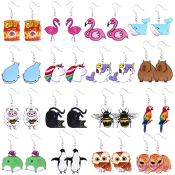 Cartoon animal earrings made of acrylic, cute and funny, flamingo, cat, penguin, owl