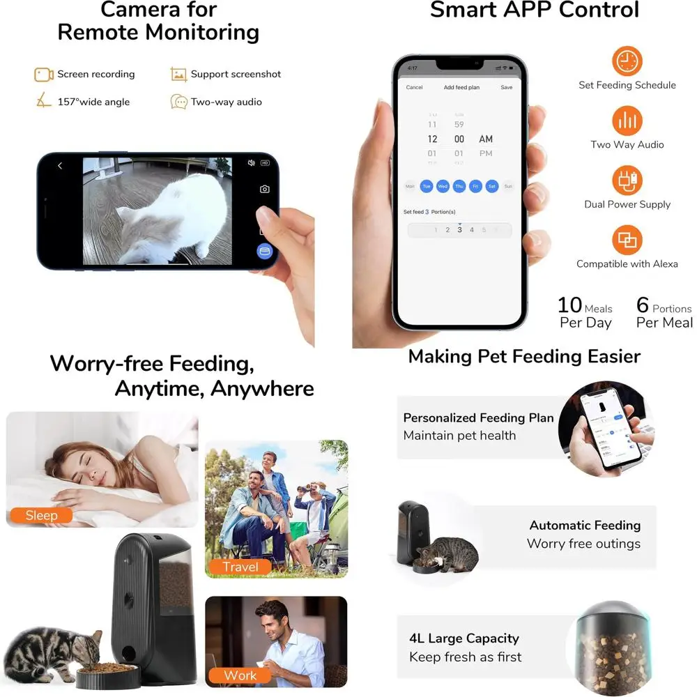 

Автоматическая кормушка для кошек, автоматические кормушки для домашних животных 2 в 1, камера и аудио, поддержка еды своими руками и синхронизированного управления, Wi-Fi, дисплей корма для кошек