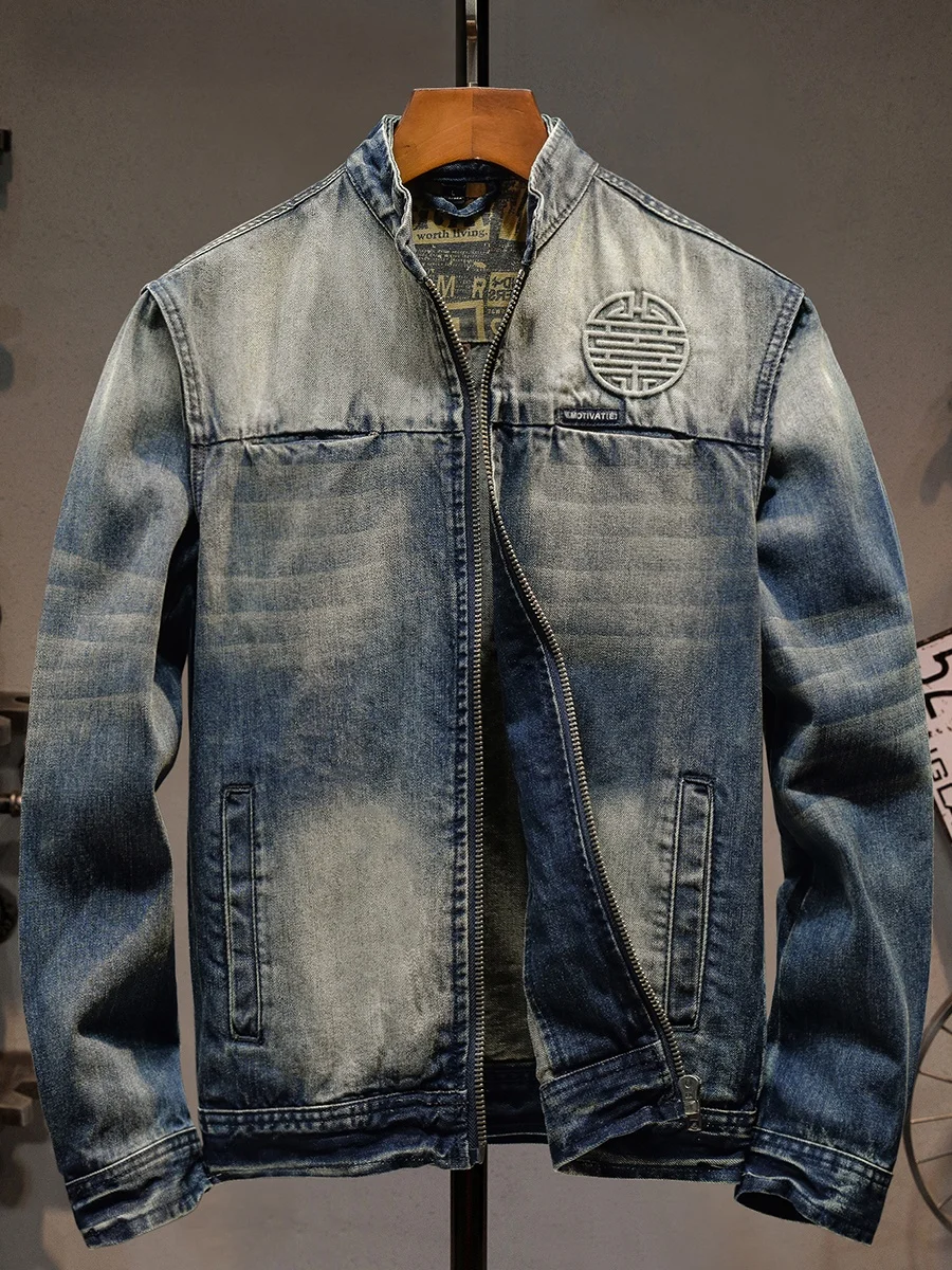 

Ретро-куртка из плотного денима в американском стиле для мужчин, на молнии, с 3D-принтом, приталенная, молодежная, модная верхняя одежда для мотоциклистов