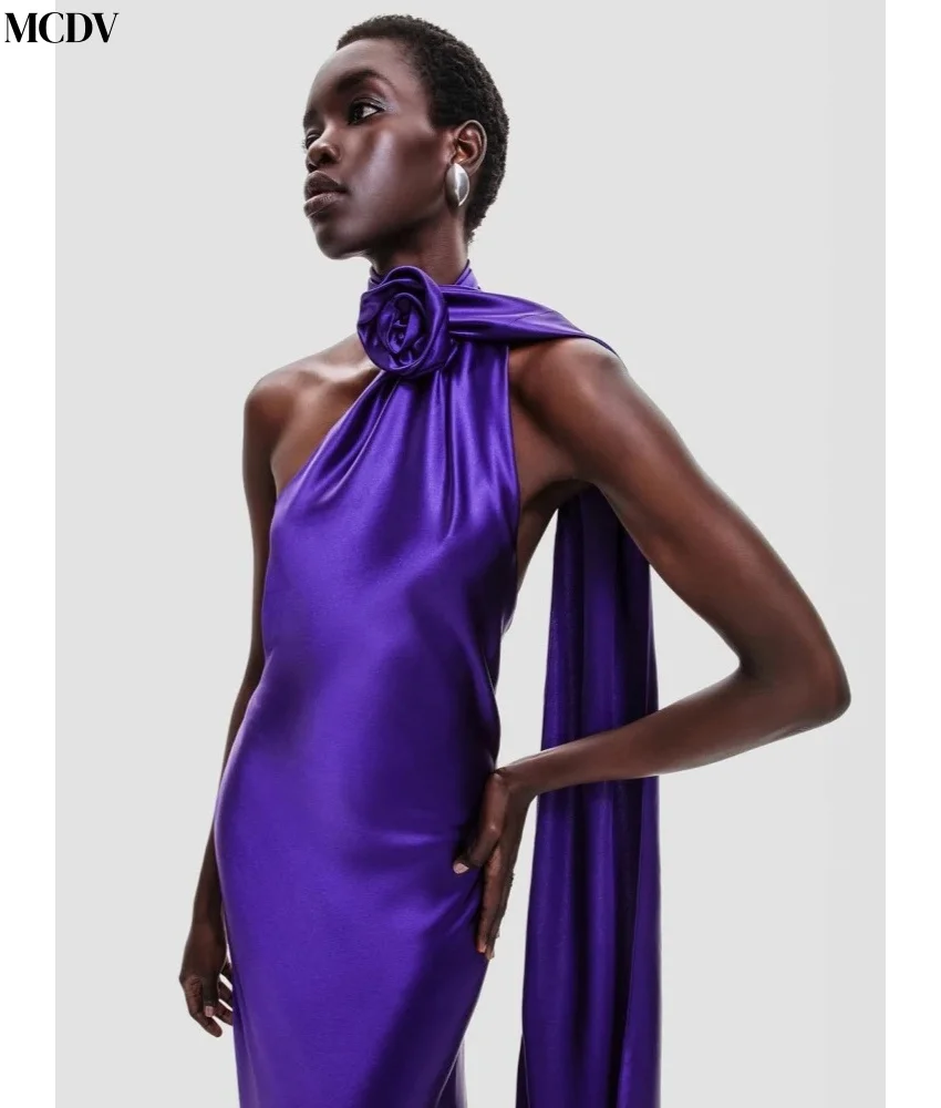 Customized Sexy Satin Mermaid 3D Flowers Buttons Ribbons Evening Dress High Quality Halter Sleeveless Bespoke Occasion Gowns