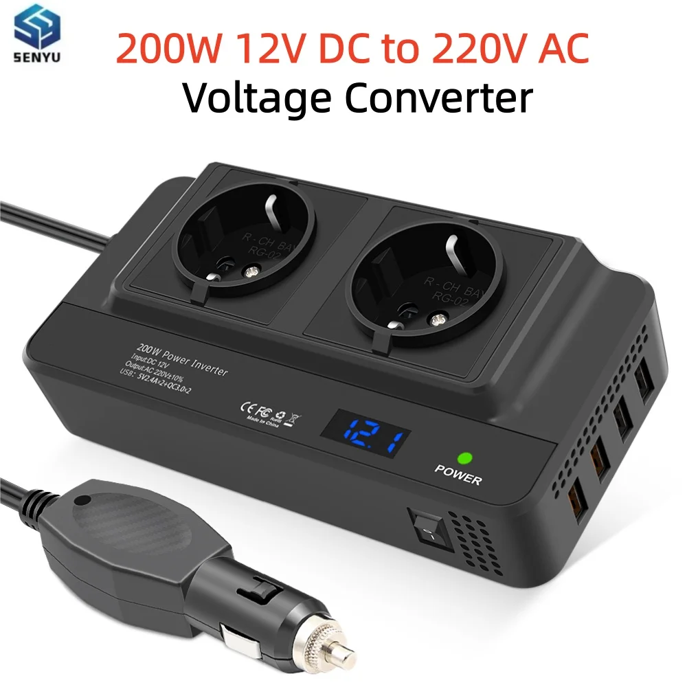 200W Car Inverter Multifunctional Adapter Socket 12V DC to 220V AC Voltage Converter With Two Power Sockets And Four USB Ports