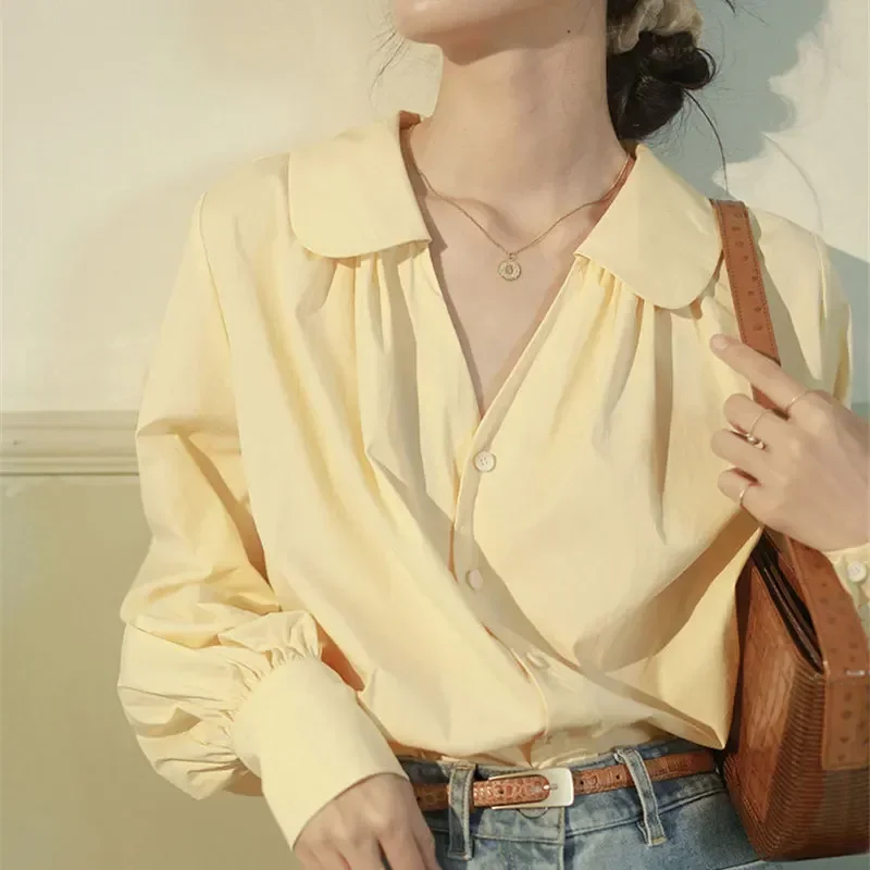 

Pure Color Shirts Women Clothes Elegant French Stylish Temper Lantern Sleeve Minimalist All-match Loose Casual Ladies