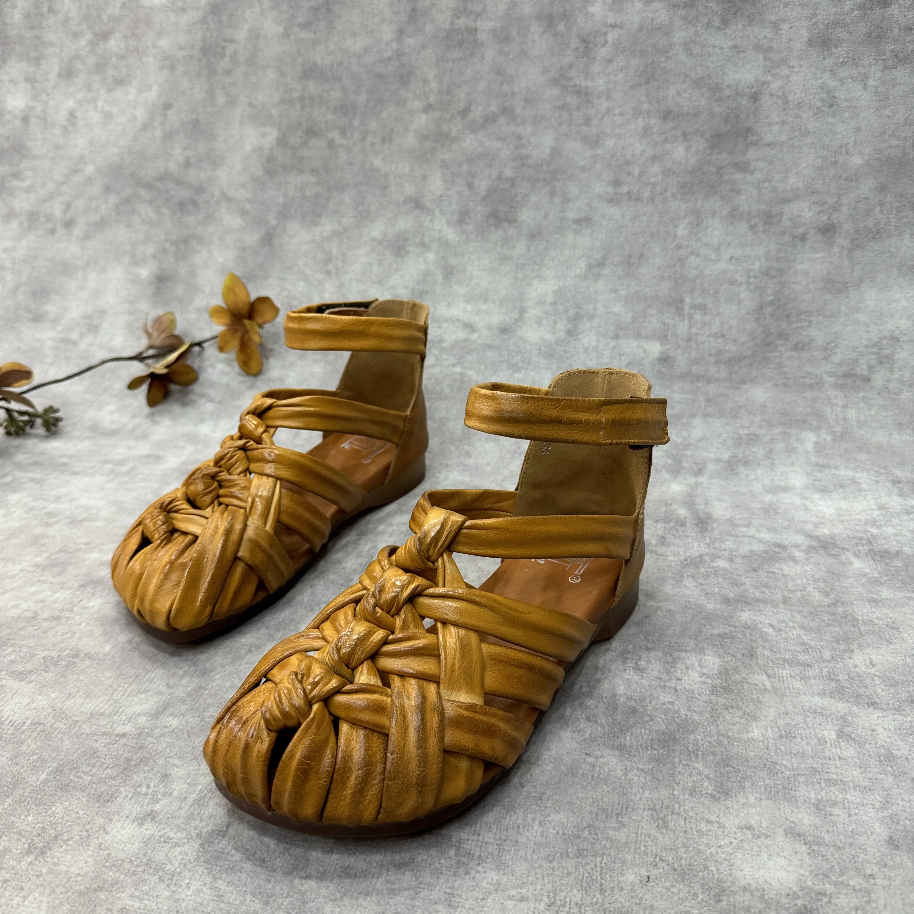 Birkuir Handmade Woven Women Sandals Genuine Leather Retro Hook Loop Mary Jane Hollow Out Sandals Ladies Sandals Closed Toe