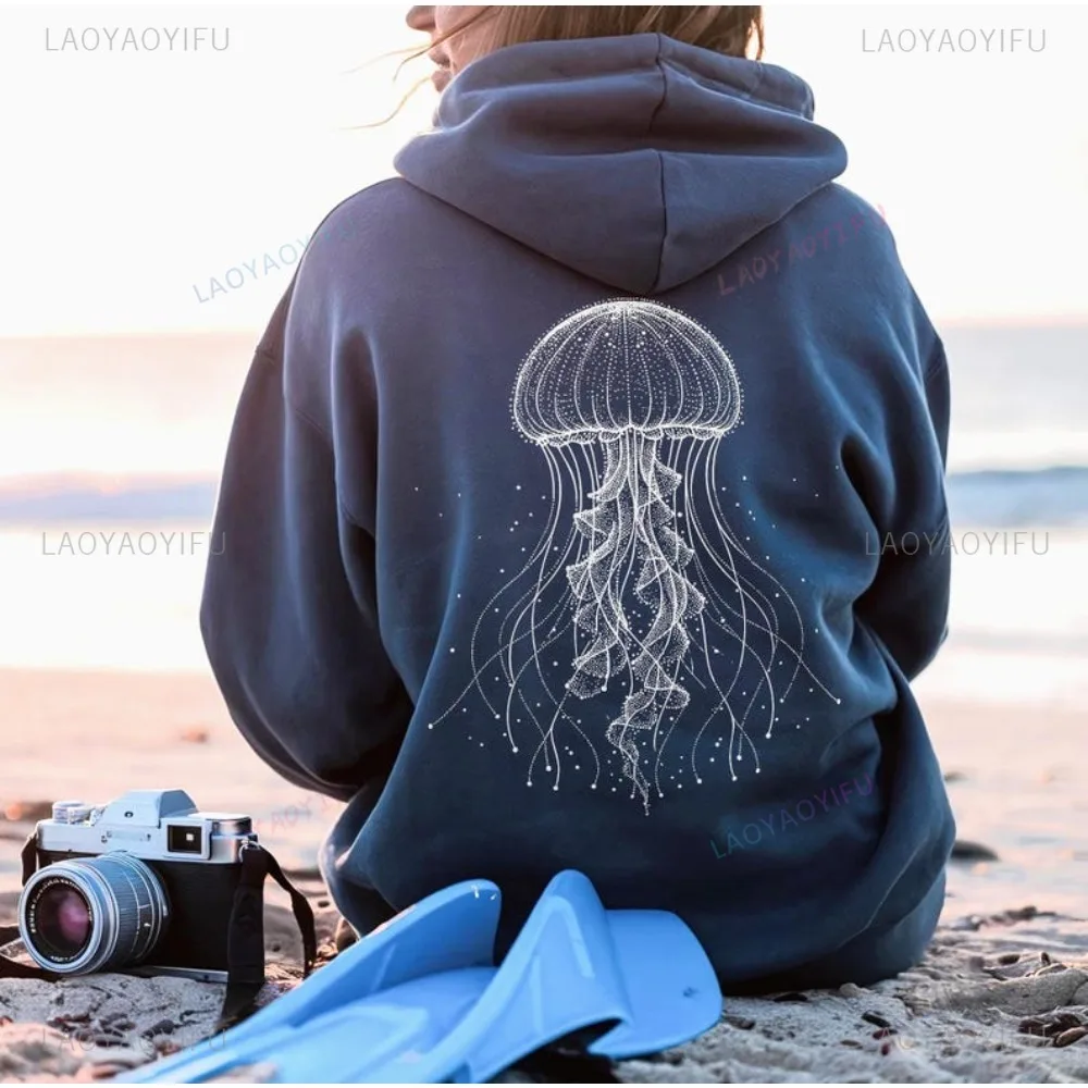 Sudadera con capucha de medusas para amantes del océano, regalo minimalista, sudadera de vida marina para niñas, capucha para amantes de los animales marinos, ropa informal de moda