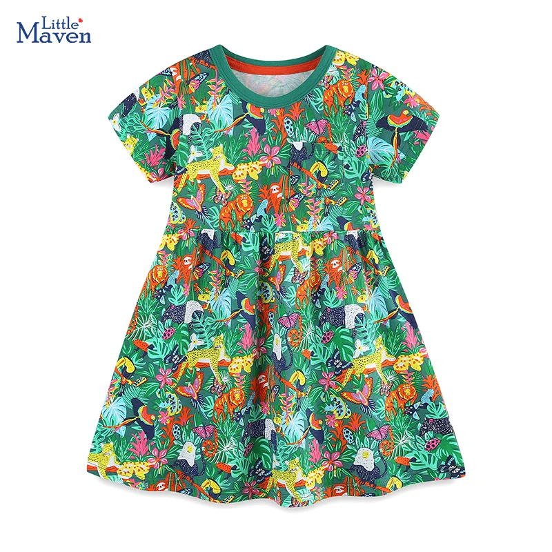 Little Maven Baby Mädchen 2026 Sommer Kinderkleidung Baumwolle Blumen Tiere Urlaubskostüme für Kinder Kleidung Prinzessinnenkleid
