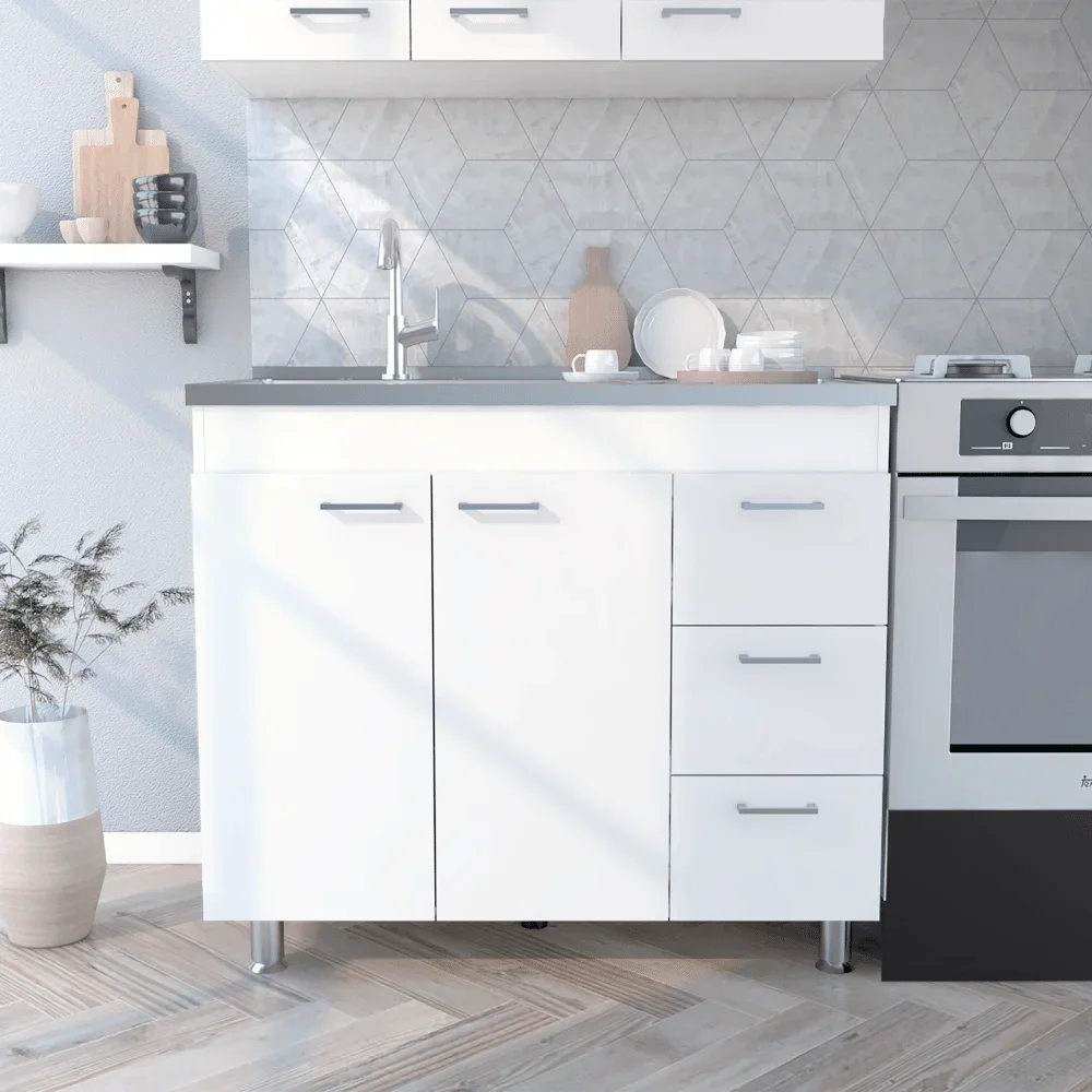Triple door kitchen cabinet with double doors and three drawers