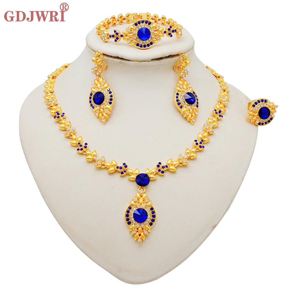 Luxus Dubai Gold Farbe Doppels chicht Halskette Schmuck Sets für Frauen afrikanischen Wasser tropfen Kristalls chmuck indischen Set Geschenke – Detail 37