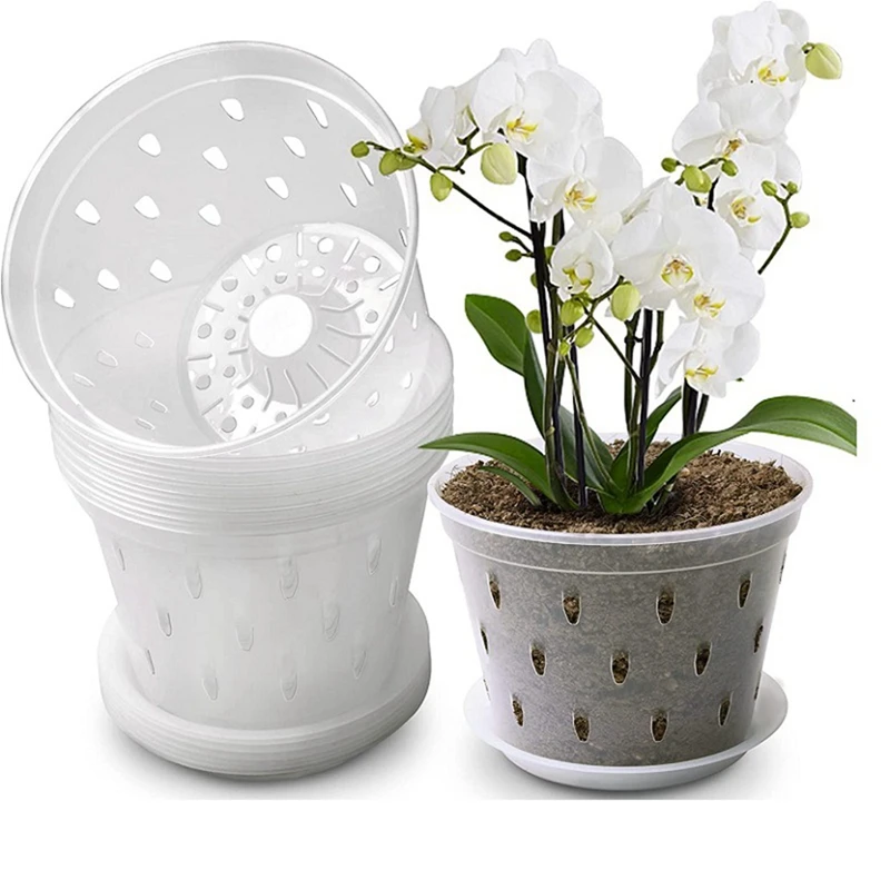 7 Inch- 5 Pots And Saucers Orchid Pots Orchid Pots With Holes Clear Plastic Orchid Pots For Repotting