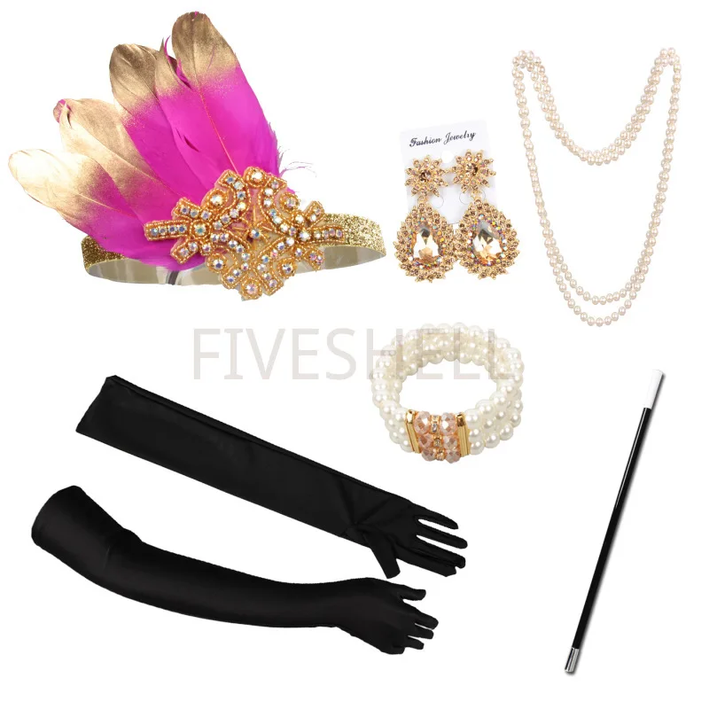 1920s Great Gatsby Costume Accessories Set for Women Headband Earrings Necklace Gloves Holder Bracelet Props Set Cosplay