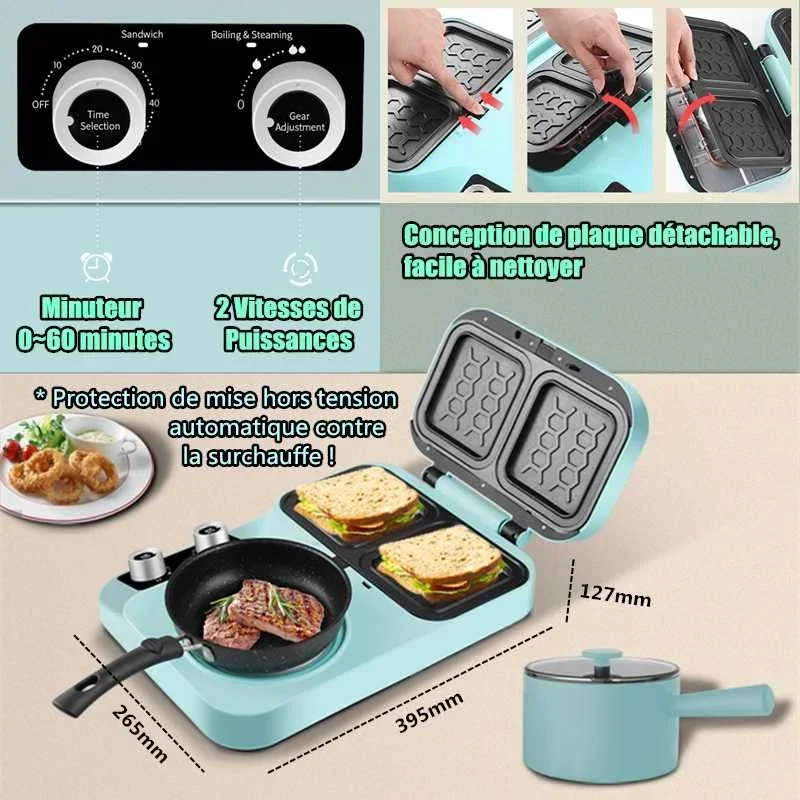 800W 4 In 1 Breakfast Making Machine 1500W Electric Sandwich Maker Multifunction Bread Maker Non-stick Pizza Frying Pan Toaster