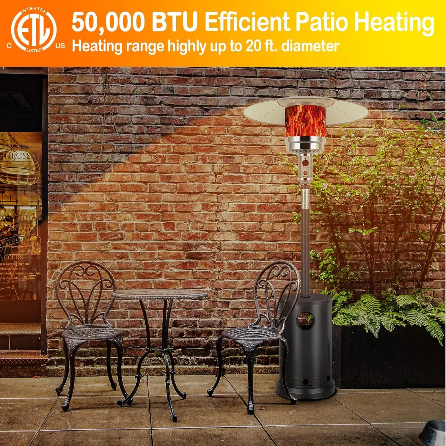 50,000 BTU Propane Patio Heater with Table Design, Stainless Steel Burner, Triple Protection System, Wheels, Outdoor Heaters for