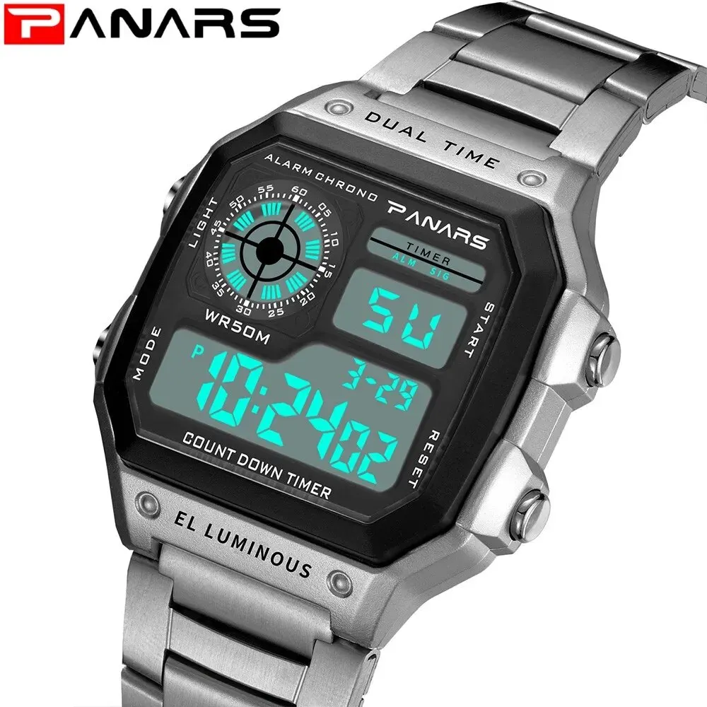 PANARS Top Luxury Pasek Ze Stali Nierdzewnej Sportowe Zegarki Męskie Wodoodporne Podświetlenie Cyfrowy Zegarek Męski Alarm