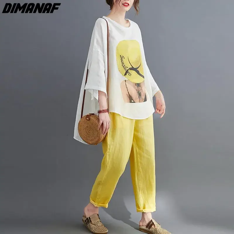 DIMANAF Summer Women Bat Pattern Print T-Shirt Linen Tshirt Fashion Patchwork Tops Tees Oversize Tunic Shirt Loose Casual