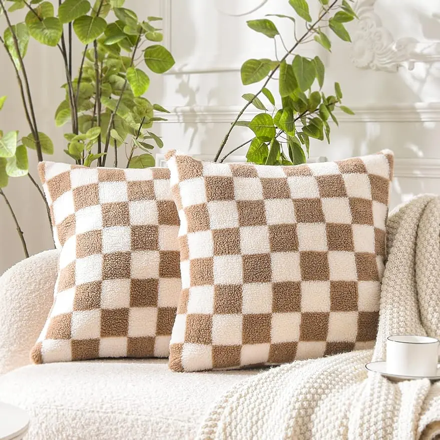 

Checkerboard Cushion Cover Khaki Coffee Luxury Pillowcase Faux Fur Wool Throw Pillow Cover for Sofa Couch Living Room Home Decor