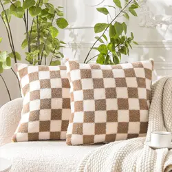 Checkerboard Cushion Cover Khaki Coffee Luxury Pillowcase Faux Fur Wool Throw Pillow Cover for Sofa Couch Living Room Home Decor