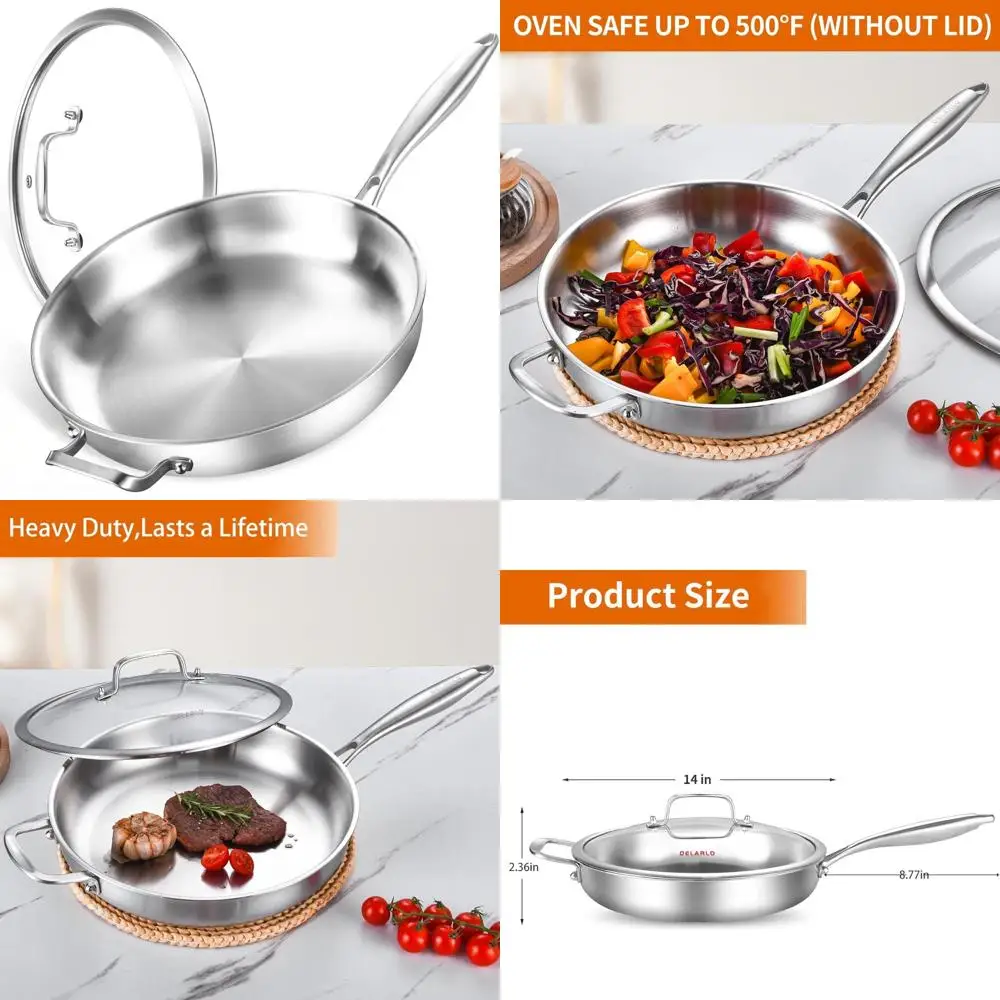 

14-Inch Heavy Duty Stainless Steel Frying Pan with Lid, Induction Compatible, Suitable for Gas and Electric Cooktops, Large Cook