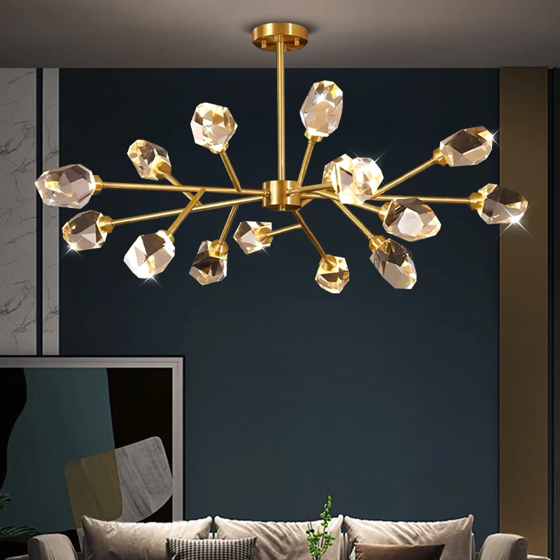 Ceiling Pendant Light Exquisite Light Luxury All Copper Lamp Body Crystal Living Room Pendant Light Chandelier For Dinning Room.