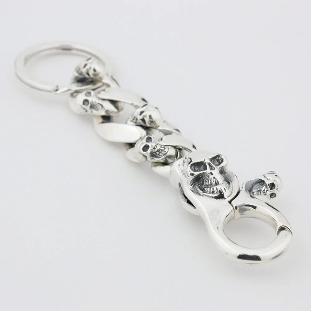 925 Sterling Silver Skull Bone Belt Clip KeyRing Biker Keychain Punk DIY Accessory 8J002