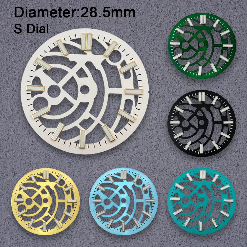 NH70 Dial S Logo Hollow Out 28.5mm Dial Suitable For NH70 NH72 Movement Green Luminous Watch Accessories Repair Tool