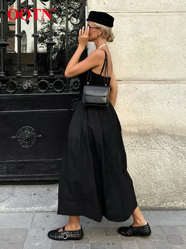 OOTN Black Evening Women A-Line Dresses Pocket Spaghetti Straps Ankle-Length Inner Dress Sleeveless Pleated Long Long Dress 2024