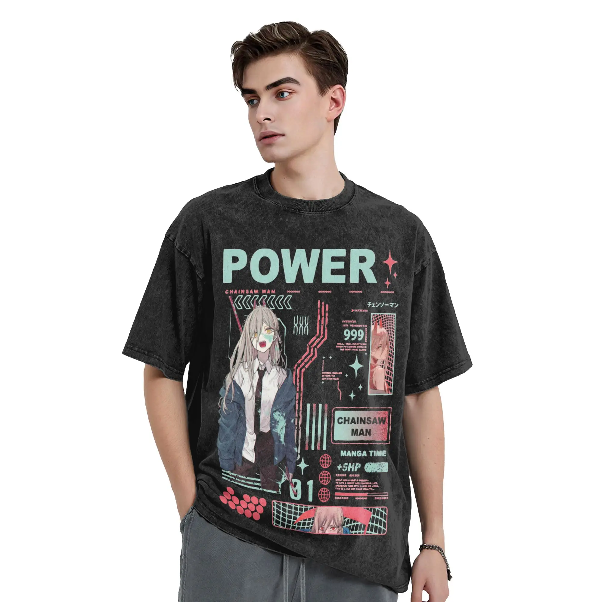 Print Power Chainsaws Man Manga Vintage Washed Tshirts Men Round Neck Short Sleeve Tops  Cotton Summer Clothing