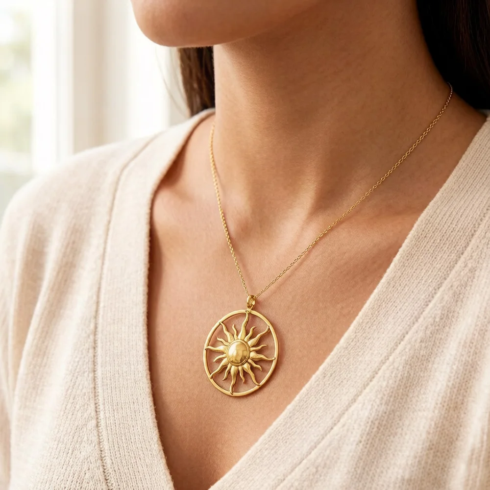 Golden Round Sun Pendant Winter Brand New Fine 925 Sterling Silver Jewelry Europe Vintage Accessories Gift For Women Men
