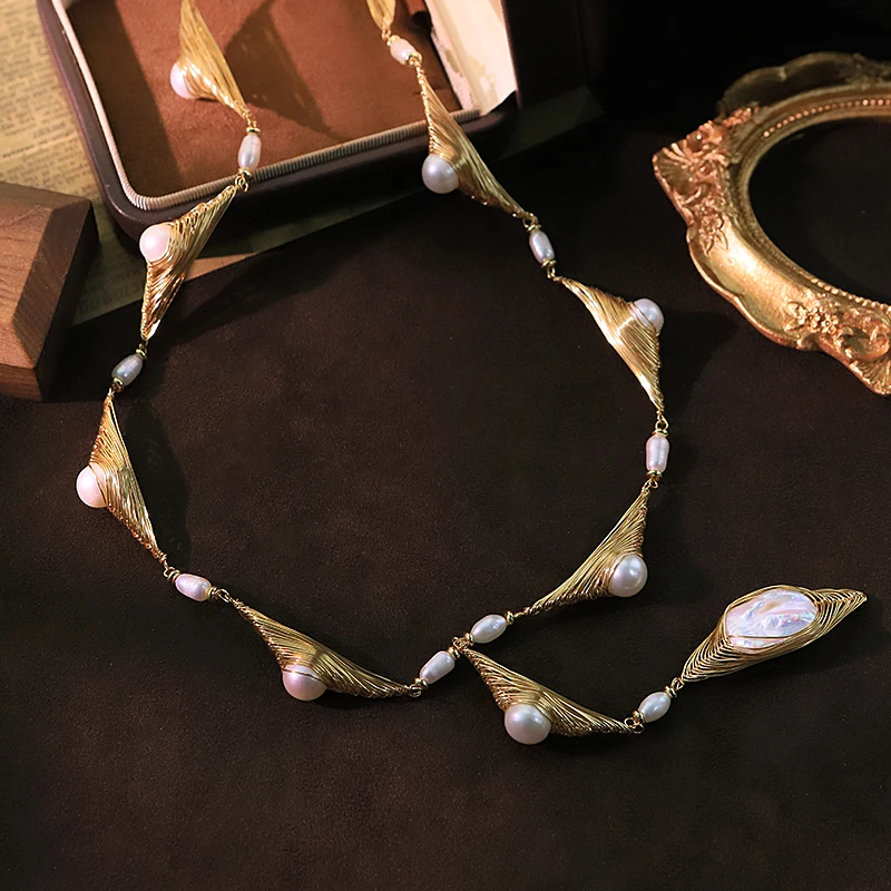 

Natural Freshwater Pearl Wire Wrapped Sweater Chain 18k Gold Plated Luxurious Design Pendant Necklace Women's Jewelry GN0083