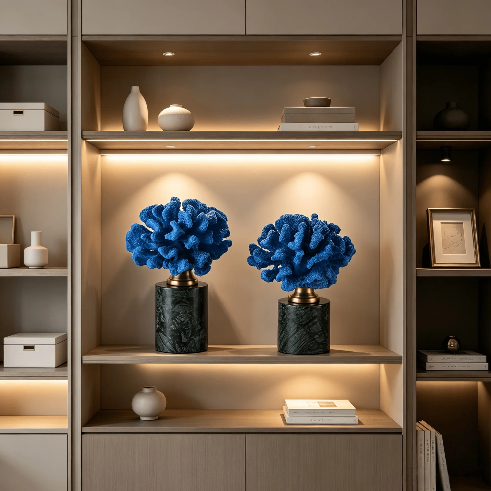 Blue Simulated Coral Ornament Light Luxury Marble Base Resin Handicraft Model Room Living Room Wall Cabinet Soft Decoration