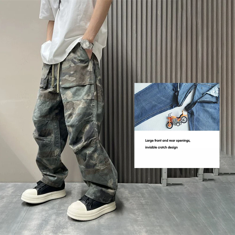 Invisible Open Crotch Outdoor Sex Military Pants Men Trend Loose Casual Camouflage Pants Drawstring Loose Cargo Denim