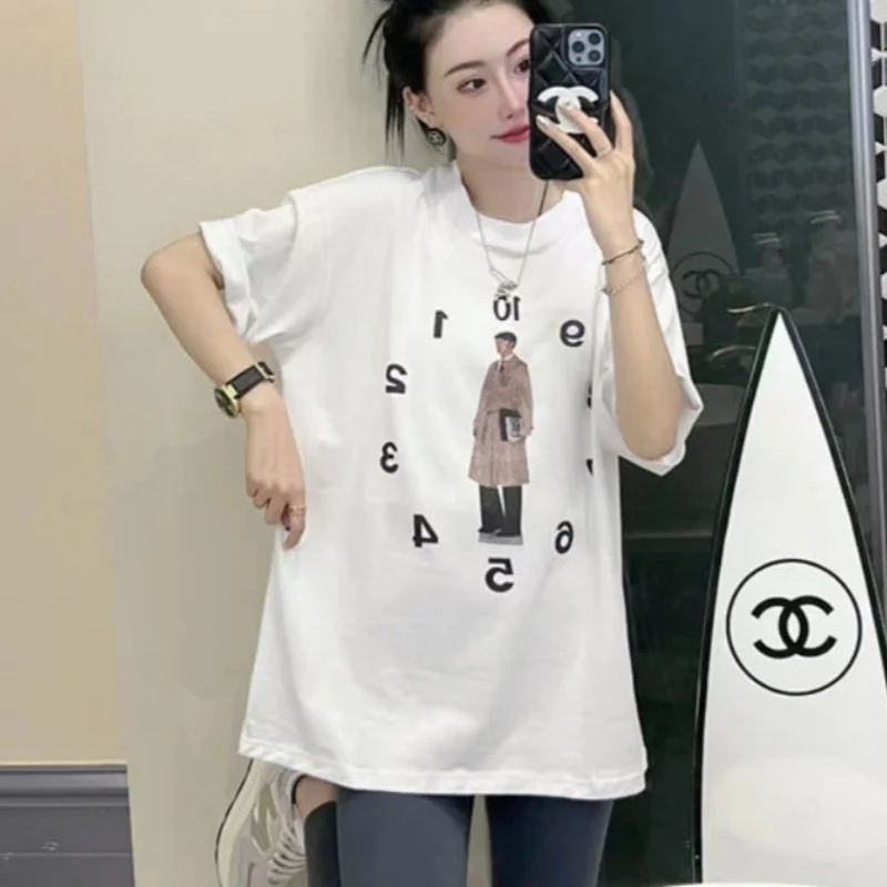 100% Pure Cotton Beige Europe Designer Streetwear T Shirts Temperament Clock Man Printing Y2K TOP Summer Loose Short Sleeve Tees