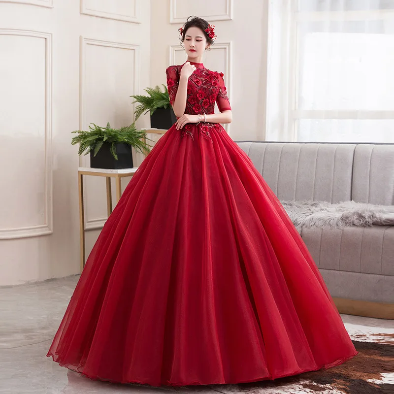 Dark Red High Neck Ball Gown Quinceanera Dresses With Appliques Lace Pearls Corset Vestido De 15 Anos Birthday Gown Lace Up Back