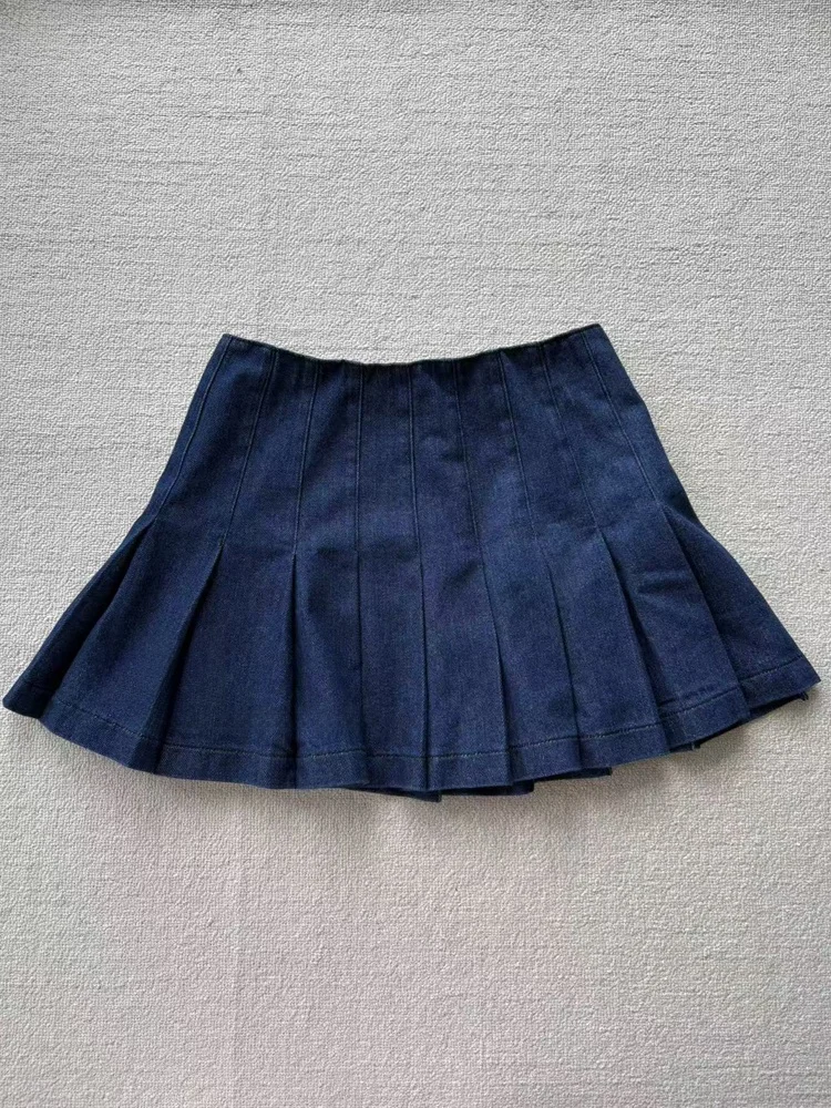 

Deep Blue Pleated Denim ter Skirt Women's Faionable Vintage College Sle Spring Summer Simple Elegance AO Original