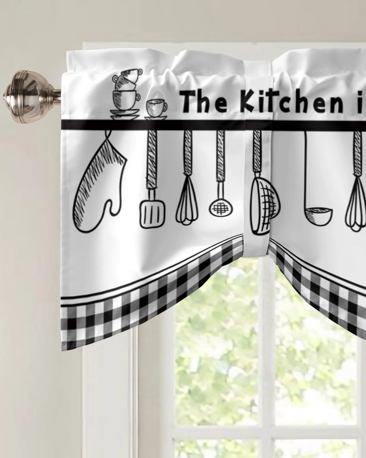 Kitchen Utensils Plaid Short Window Curtain Adjustable Tie Up Valance for Living Room Kitchen Window Drapes