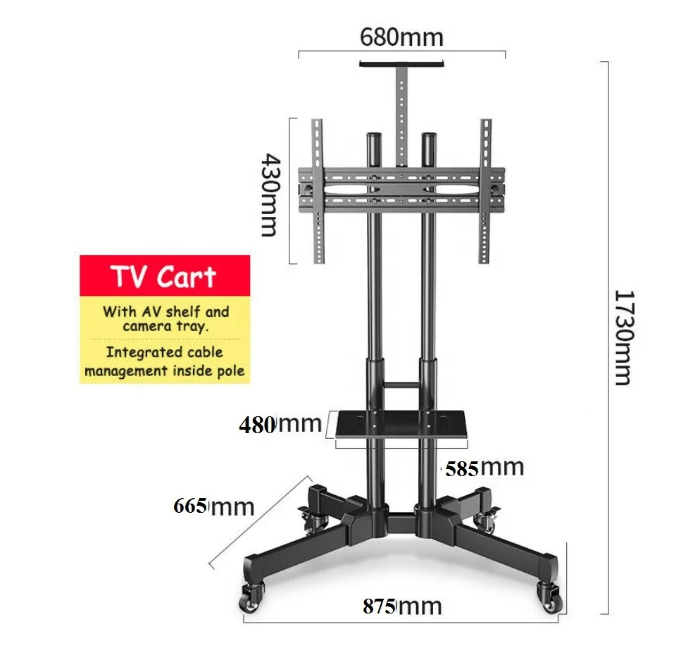 حامل تلفزيون متنقل Zeno C1500 مع حامل وDvd Av Shelf 45-65 بوصة ارتفاع دوار مائل عربات تلفزيون كارت للبيع دعم التلفزيون