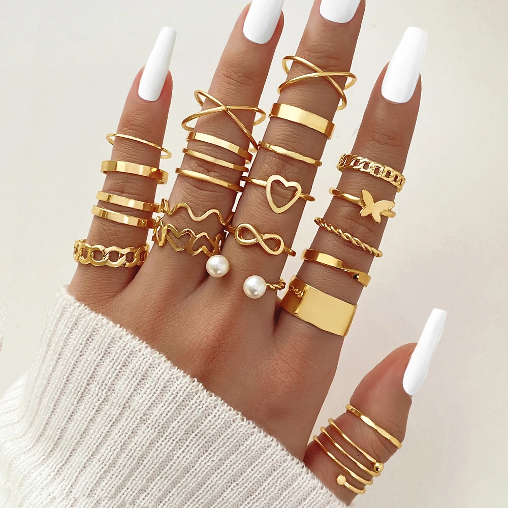 Modyle Boho Gold Color Heart Rings Set For Women Vintage Geometric Cross Pearl Butterfly Finger Rings Female Trendy Jewelry Gift