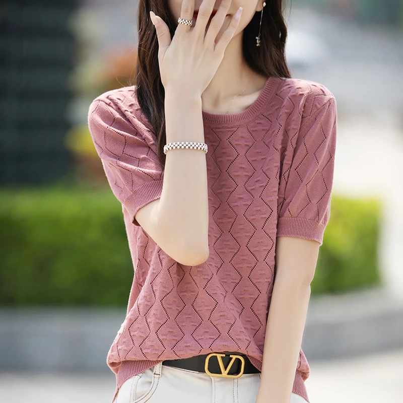

High quality new women's O-neck short sleeved 100% cotton women's T-shirt soft basic fashion bottom sweater knitted top
