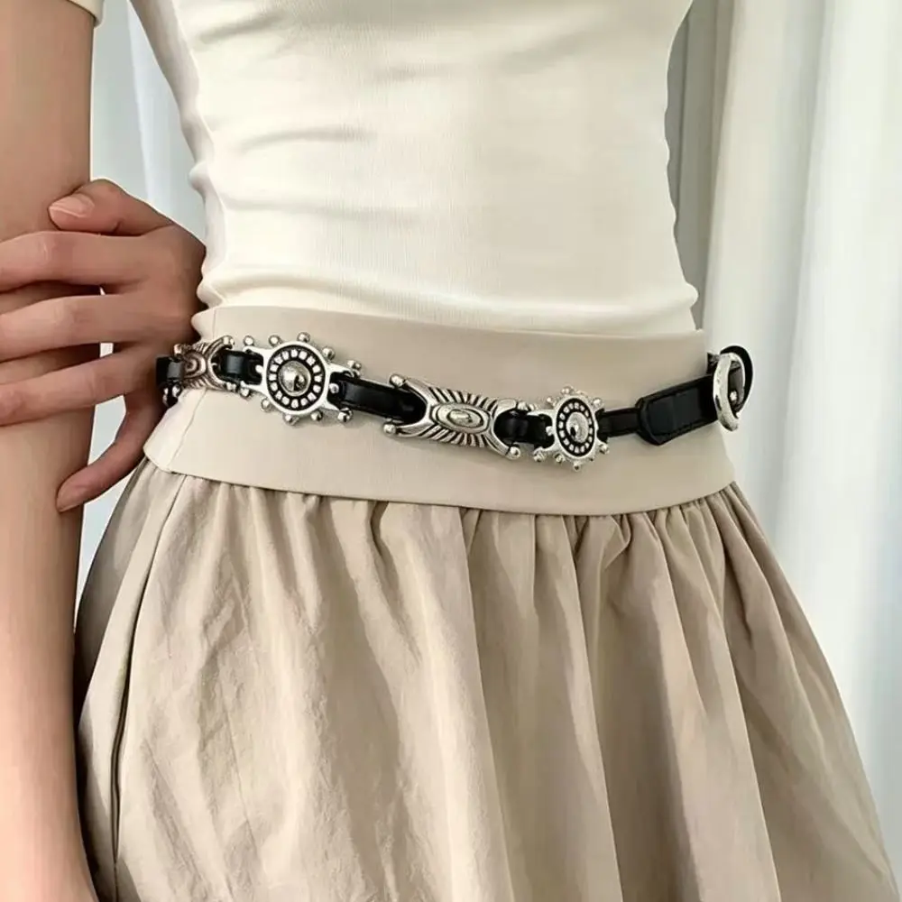 Fashion Y2K Metal Carved Belts Spicy Girl Thin Bohemian Style Belts Exaggerated Slim Ethnic Style Waistband Women