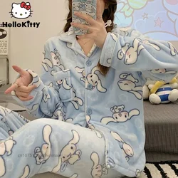 Sanrio Cinnamoroll Plush 2 Pcs Pijamas Sets Kuromi Melody Y2k Cartoon Pyjamas Fleece Flannel Pullover Pajamas Homewear Clothes