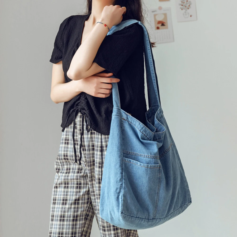 Unisex Denim Tote Handbags Large Capacity Lightweight Satchel Versatile Jeans Shoulder Bags Casual Travel Shopping Underarm Bags