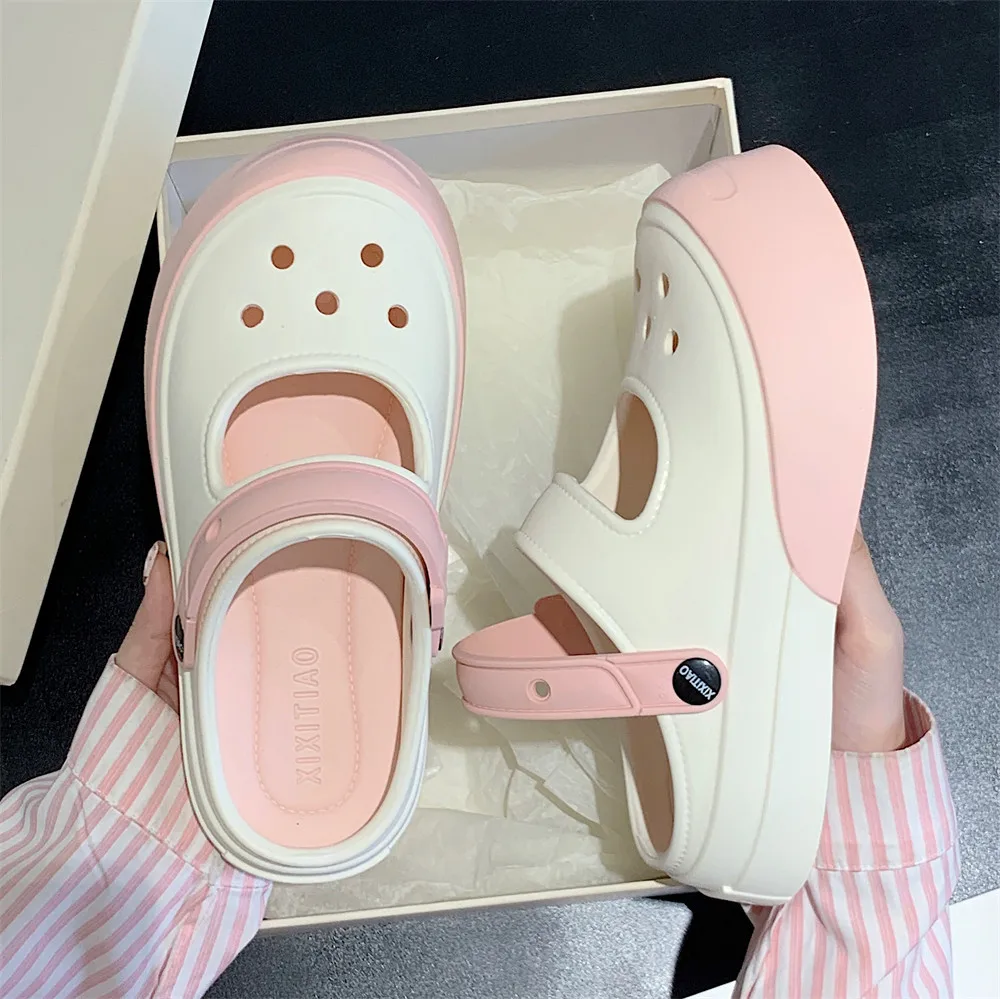 Mary Jane Summer New EVA Thick Sole Perforated Shoes Women Wearing Elevated Soft Sole DIY Solid Color Two Wear Home Slippers