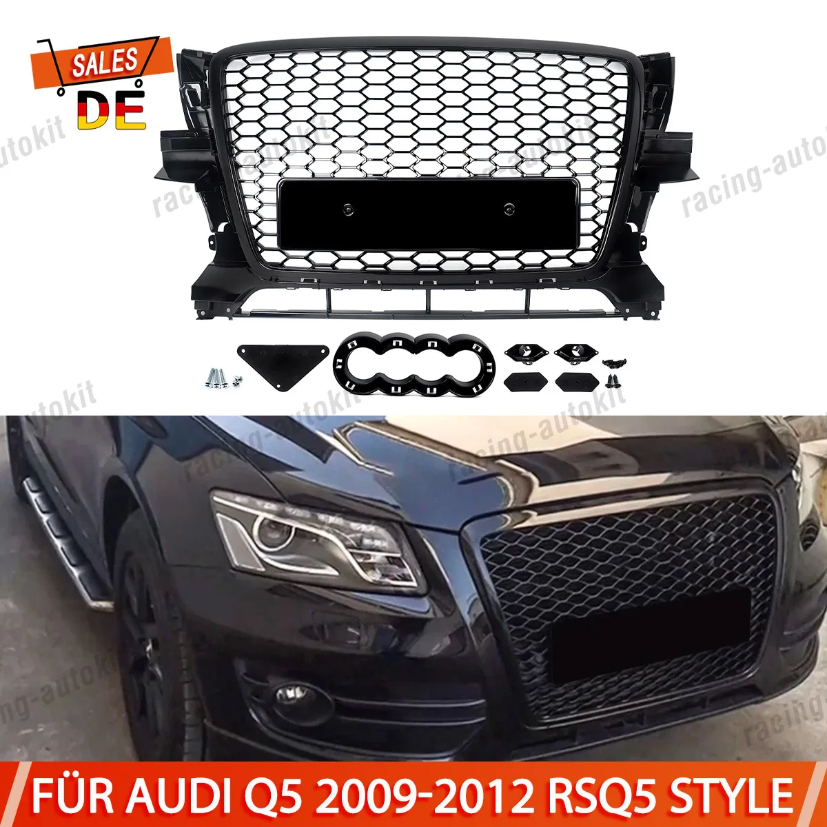 

Front Bumper Upper Grille Compatible with Audi Q5 SQ5 2009-2012 RS Style Front Radiator Mesh Grill Air Intake Grid Gloss Black