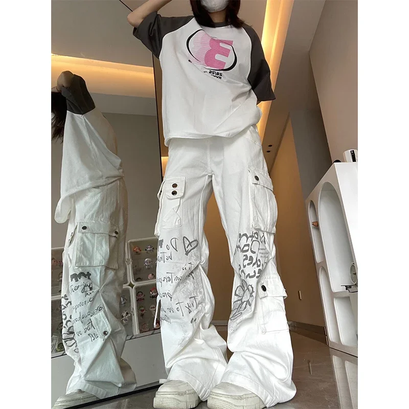 MEXZT Y2K 2000S Cargo Jeans Women Harajuku Vintage Print Wide Leg Denim Pants Streetwear Hip Hop White Baggy Straight Trousers