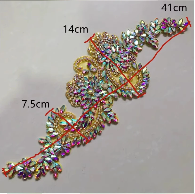 Bunte lange Glas-Diamant-Aufnäher, DIY-Hochzeitskleid-Applikationen, Handnähen, neuer Artikel, 39 * 14 cm, RS4324 – Detail 11