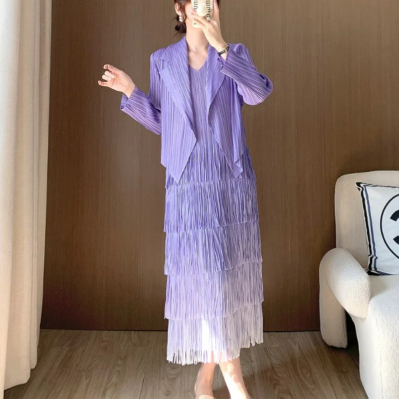 Miyake Pleated Tassel Sleeveless Dress Suit Collar Short Top Two-piece Fashionable Summer Dress Set Women's Clothing