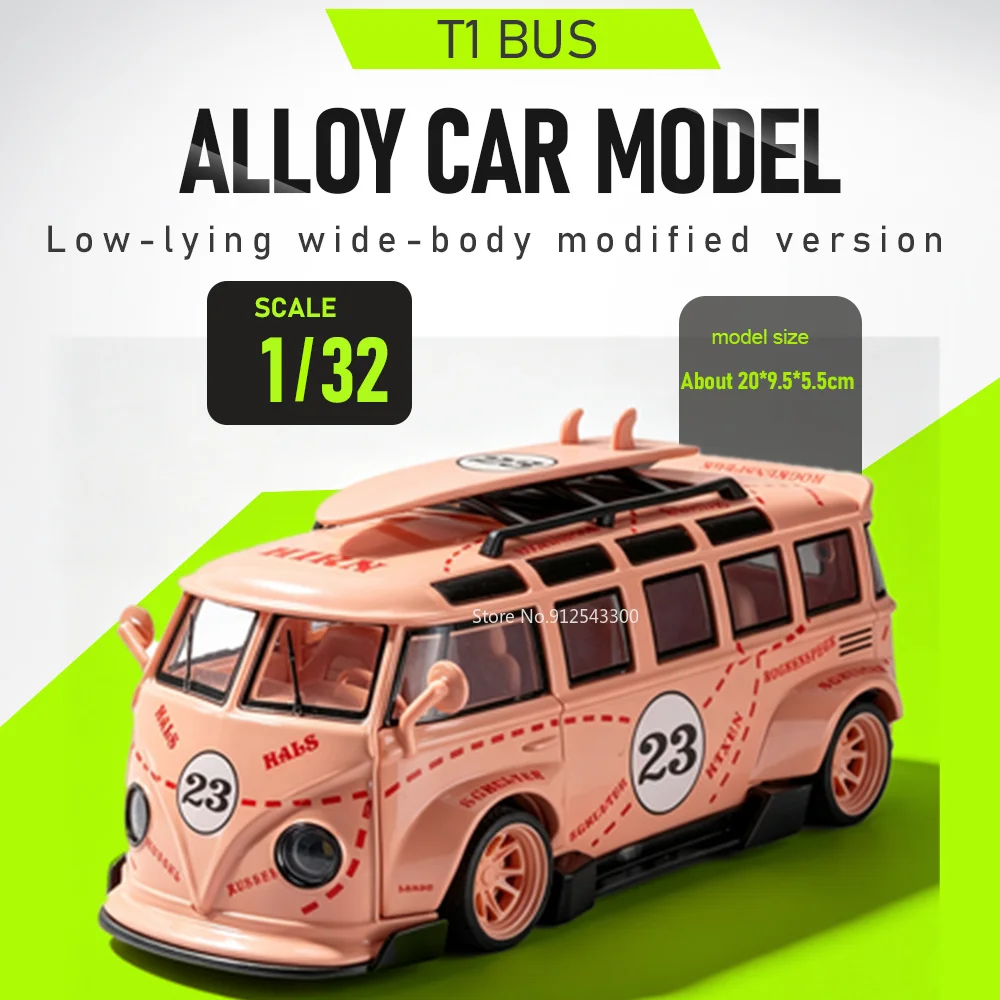 

1:32 Scale T1 Bus Car Model Toy Doors Opened Pull Back Models Detachable Surfboard Alloy Diecast Vehicle for Boyfriend Presents
